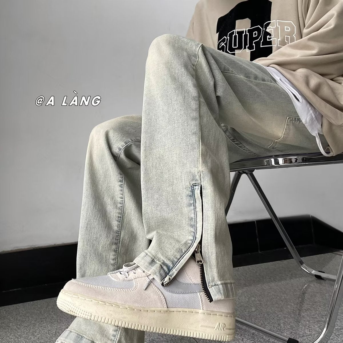 Men Jeans Side Zipper Skinny Jeans Men's Summer Retro Washed Straight-Leg Trousers