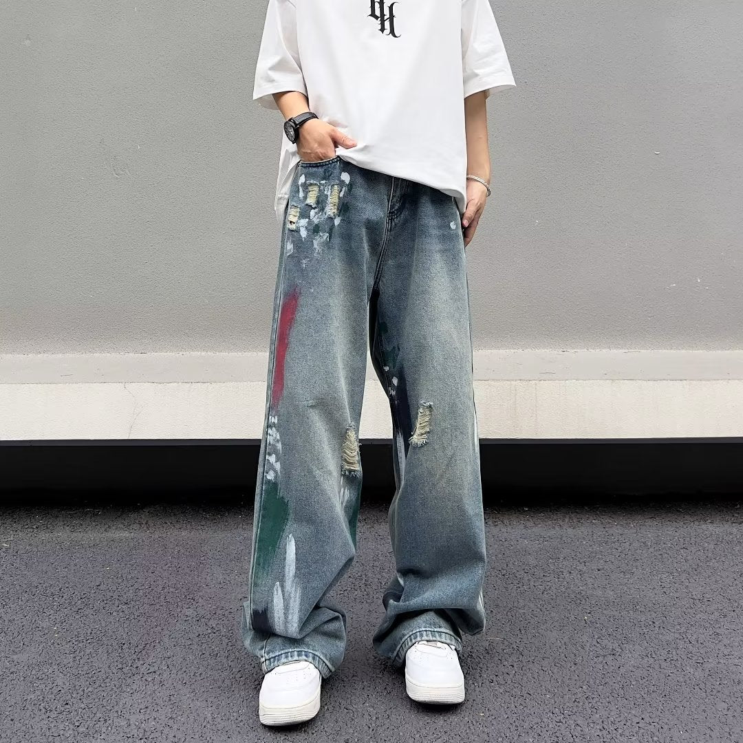 Men Jeans Water Washed Hole Jeans Men's Summer Loose Wide-Leg Straight Pants