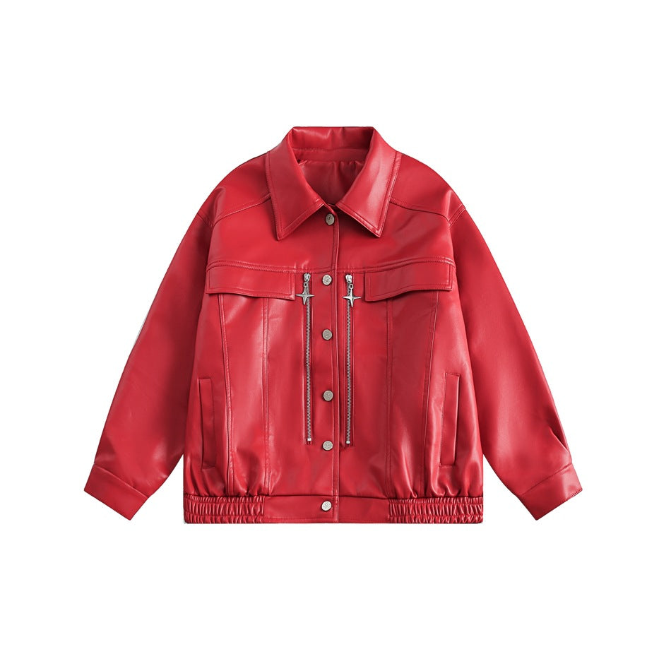 Unisex Jacket Fall Loose Lapels PU Leather Jacket Retro Biker's Coat