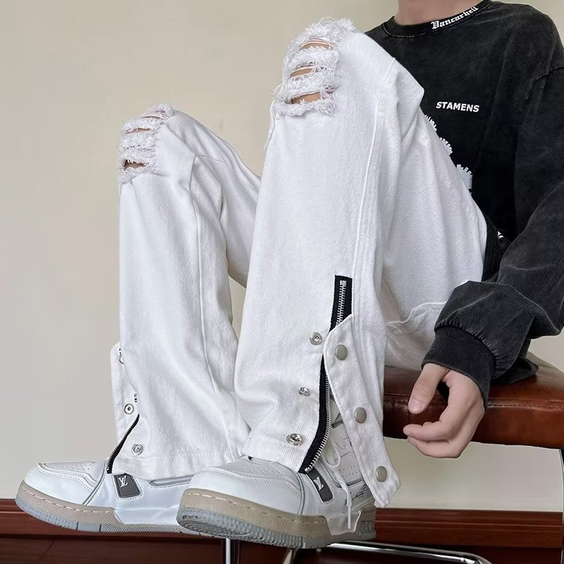 Men Jeans Black Ripped Jeans Spring and Autumn Zipper Straight-Leg Pants