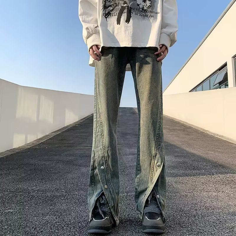 Men Jeans Slim Fit Bootcut Trousers Slit Pants