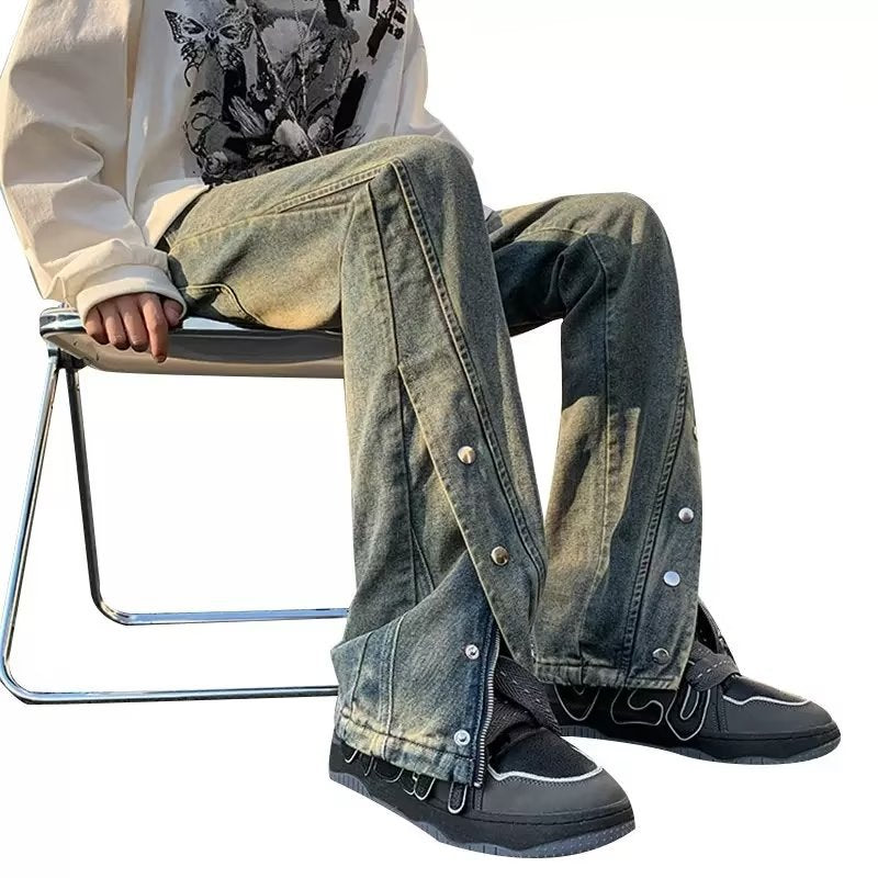Men Jeans Slim Fit Bootcut Trousers Slit Pants