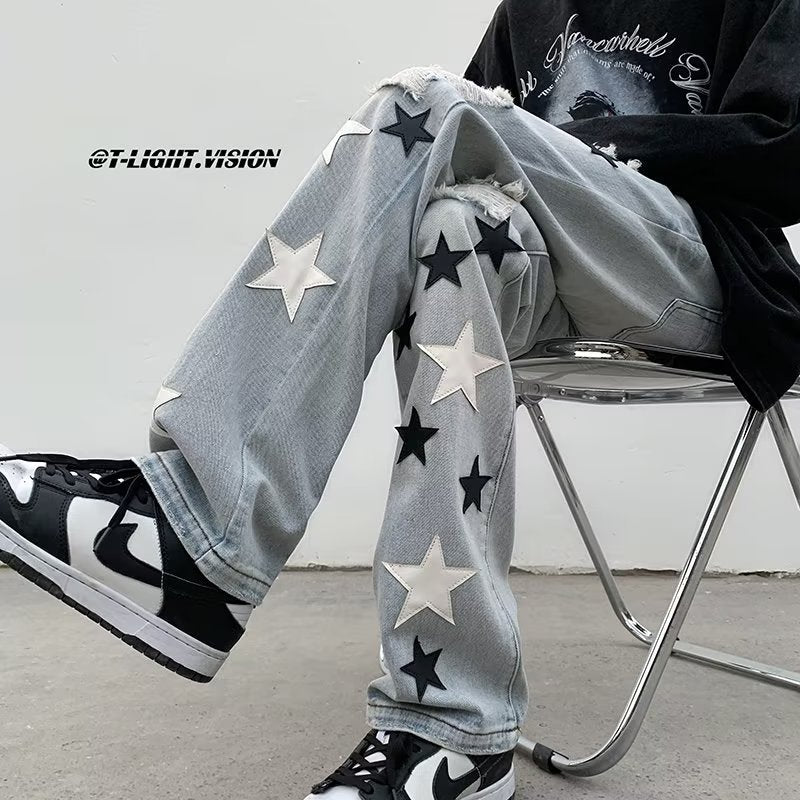 Men Jeans Five-Pointed Star Ripped Jeans Men's Spring Loose Straight Wide-Leg Pants