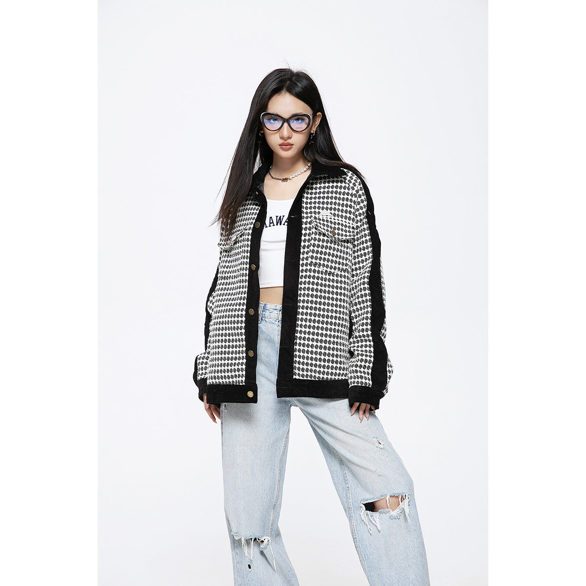 Unisex Jacket Retro Patchwork Polo Collar Jacket Loose Couple Coat