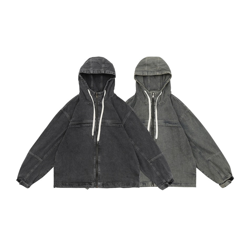 Unisex Jacket Retro Washed Hooded Denim Jacket for Men and Women Spring and Autumn Coat