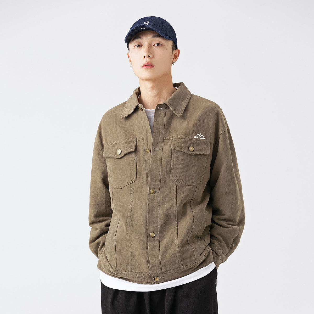 Unisex Jacket Retro Overalls Style Jacket Men's Large Loose Pockets Turn-down Collar Coat