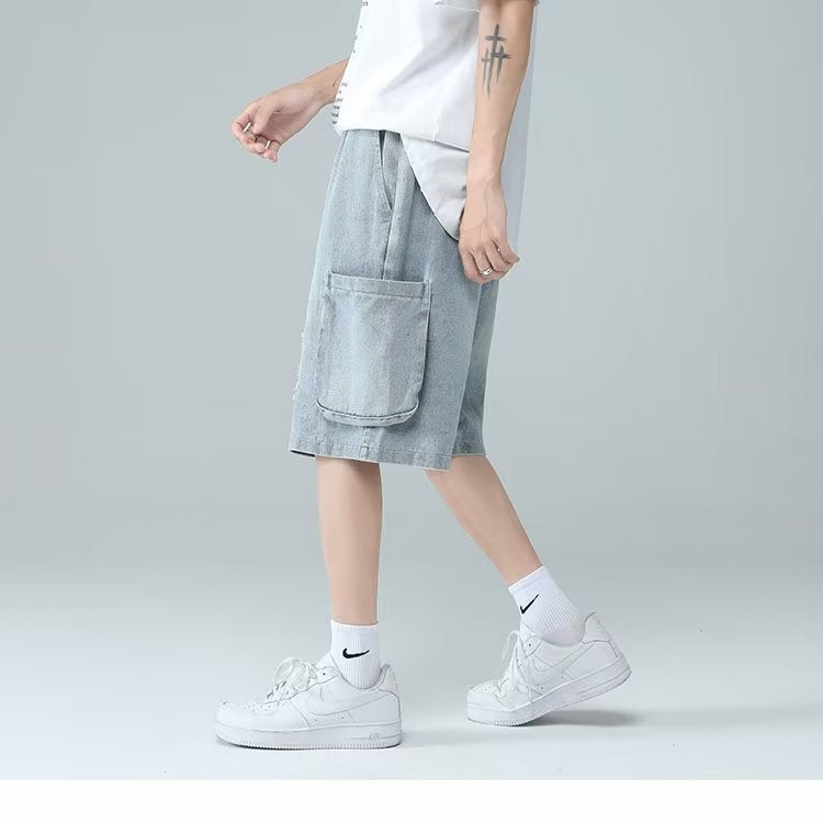 Men Jeans Ripped Workwear Pants Men's Summer Retro Denim Shorts
