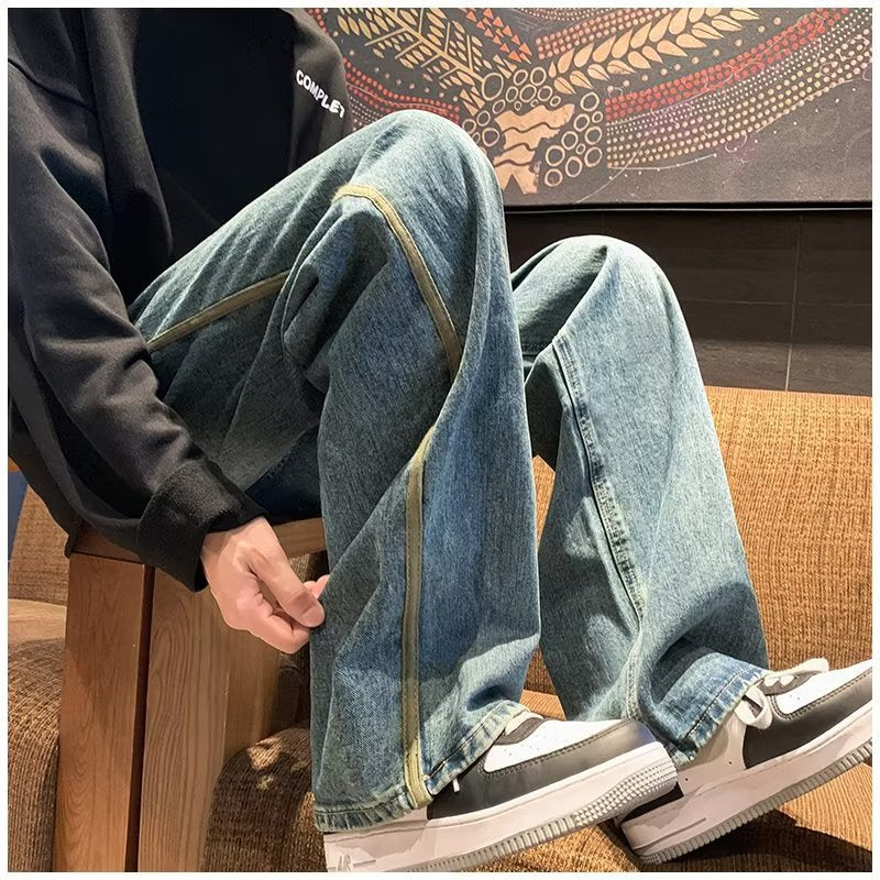 Men Jeans Retro Washed Jeans Men's Spring and Autumn Loose Wide-Leg Straight Trousers