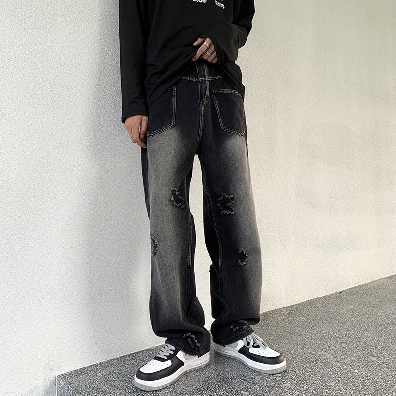 Men Jeans Ripped Jeans Men's Autumn Retro Loose Straight Trousers