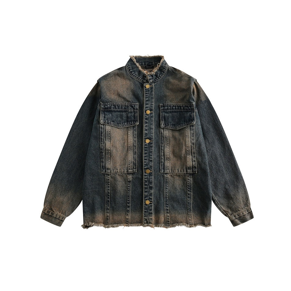 Unisex Jacket Denim Men's and Women's Washed Distressed Retro Workwear Stand Collar Jacket