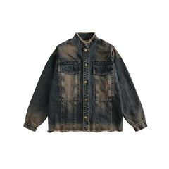 Unisex Jacket Denim Men's and Women's Washed Distressed Retro Workwear Stand Collar Jacket