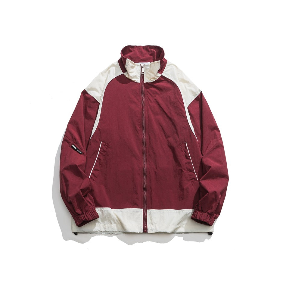 Unisex Jacket Retro Patchwork Contrast Color Sports Jacket Men and Women Same Style Loose Lapel Spring and Autumn Coat