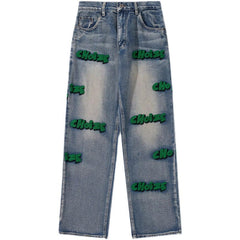 Men Jeans Letter Embroidered Jeans Hiohop Retro Washed Loose Trousers