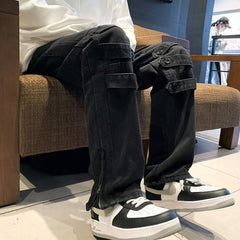 Men Jeans Spring Split Wide Leg Pants Loose Spring and Autumn Straight-Leg Pants