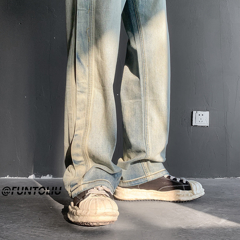 Men Jeans Retro Patchwork Jeans Men's Summer Straight-Leg Trousers