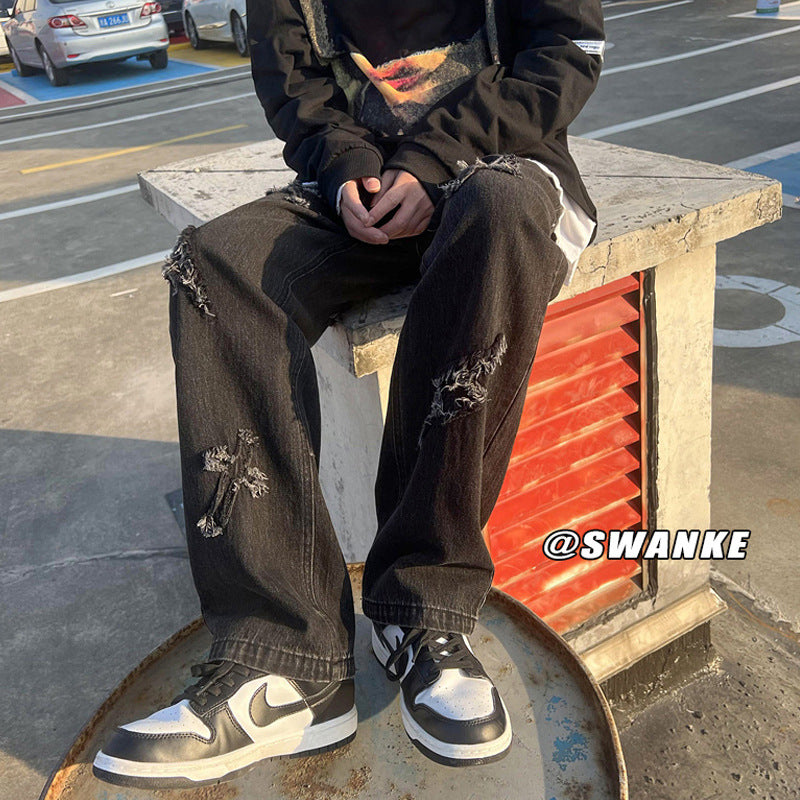 Men Jeans Spring Straight-Leg Pants Hip Hop Wide Leg Trousers