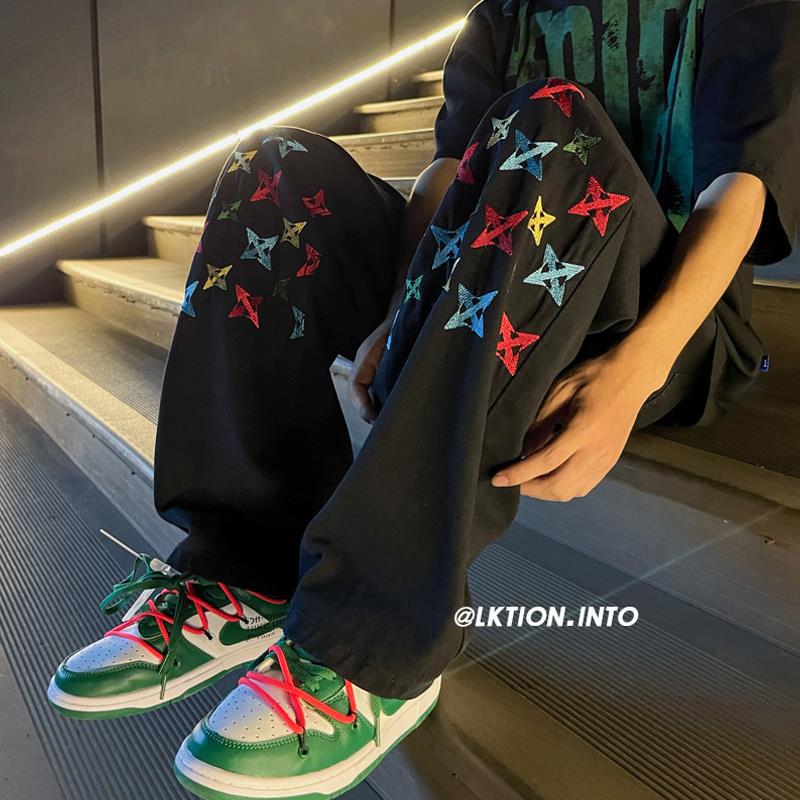 Men Jeans Embroidered Jeans Baggy Straight Trousers