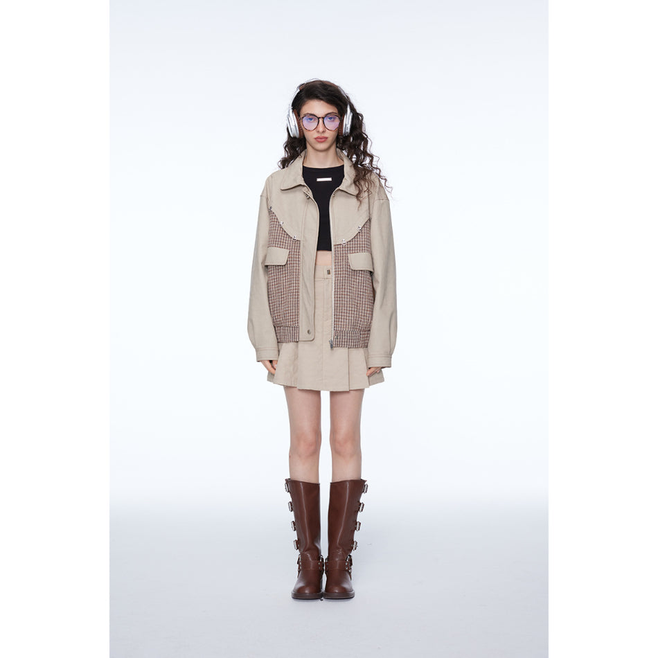 Unisex Jacket Retro Houndstooth Stitching Polo Collar Jacket Baggy Coat