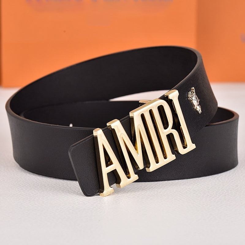 Amiri Belt black plain texture Golden deer logo