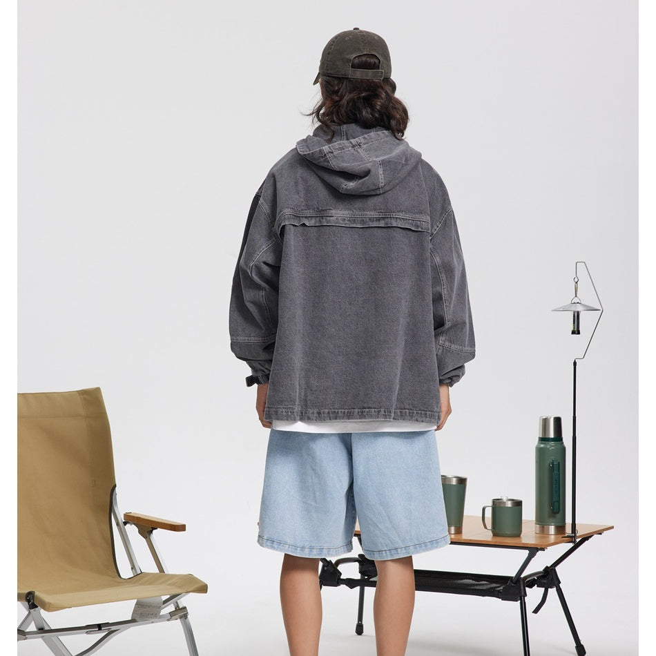 Unisex Jacket Retro Washed Hooded Denim Jacket for Men and Women Spring and Autumn Coat