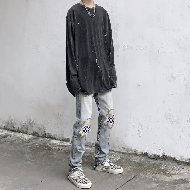 Men Jeans Summer Water Washed Hole Jeans Patch Plaid Pants
