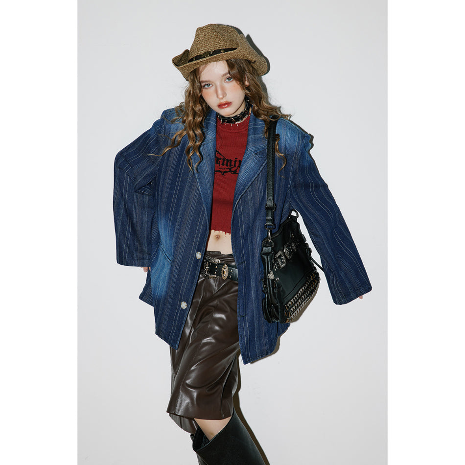 Unisex Jacket Vintage Suit Collar Denim Coat Striped Jacket