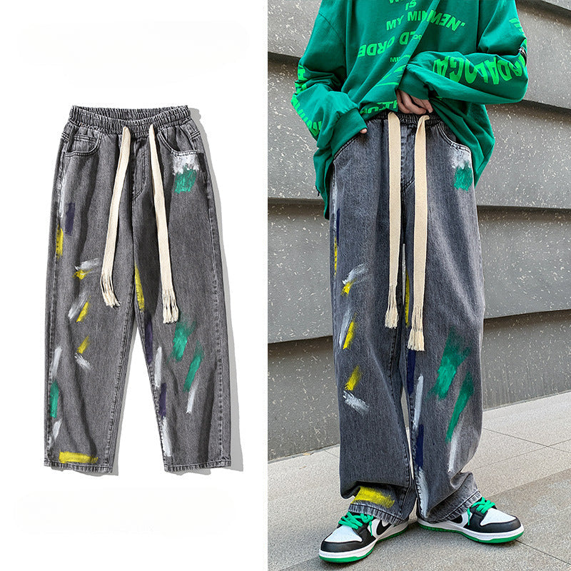 Men Jeans Graffiti Jeans Men Spring-Autumn Wide-Leg Pants