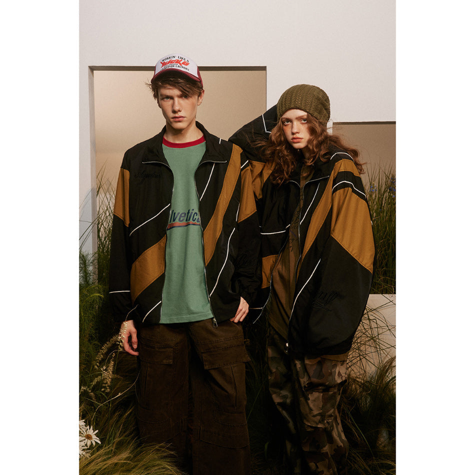 Unisex Jacket Spring and Autumn Retro Patchwork Contrast Color Stand-up Collar Coat