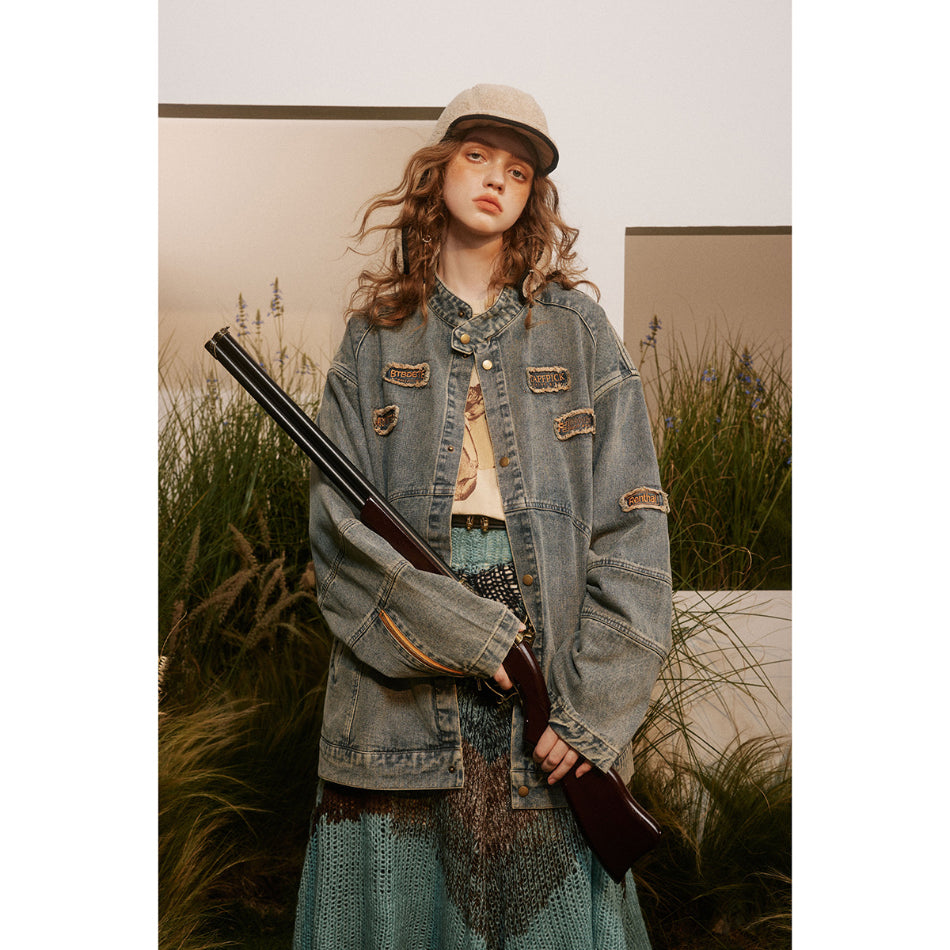 Unisex Jacket Casual Retro Locomotive Style Stand Collar Denim Jacket