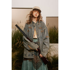 Unisex Jacket Casual Retro Locomotive Style Stand Collar Denim Jacket