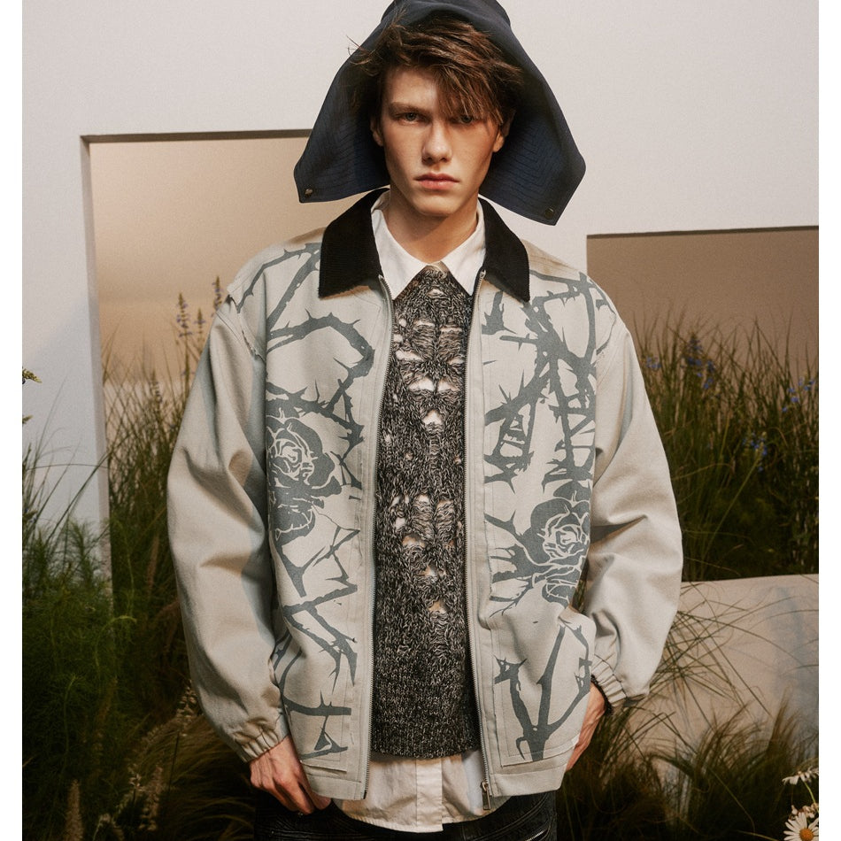 Unisex Jacket Vintage Thorn Print Overalls Men and Women Loose-Fitting Jacket Top