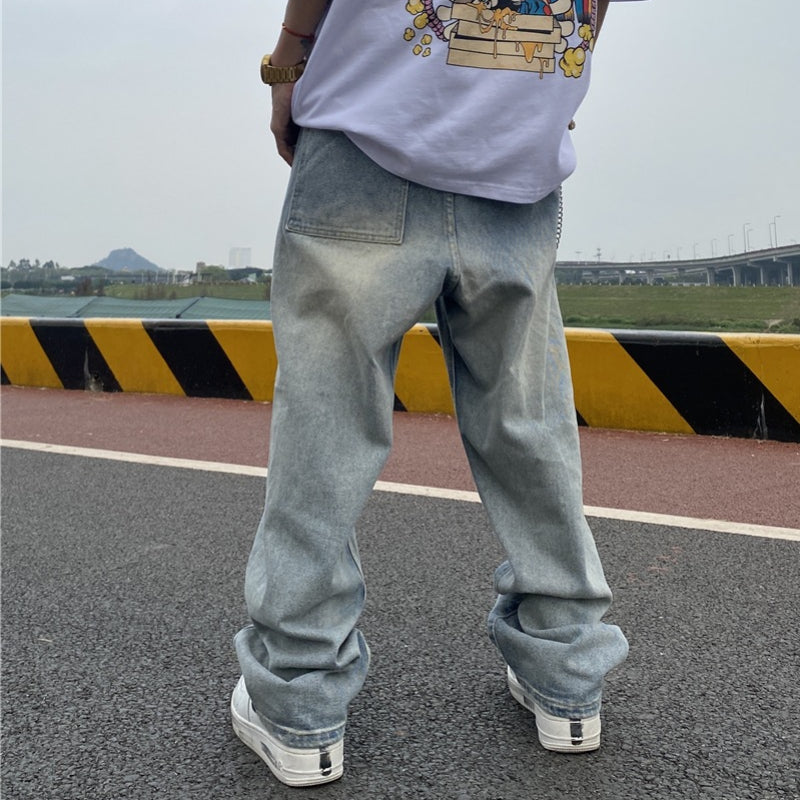 Men Jeans Bell-Bottom Pants Loose Straight Letter Vintage Print Jeans