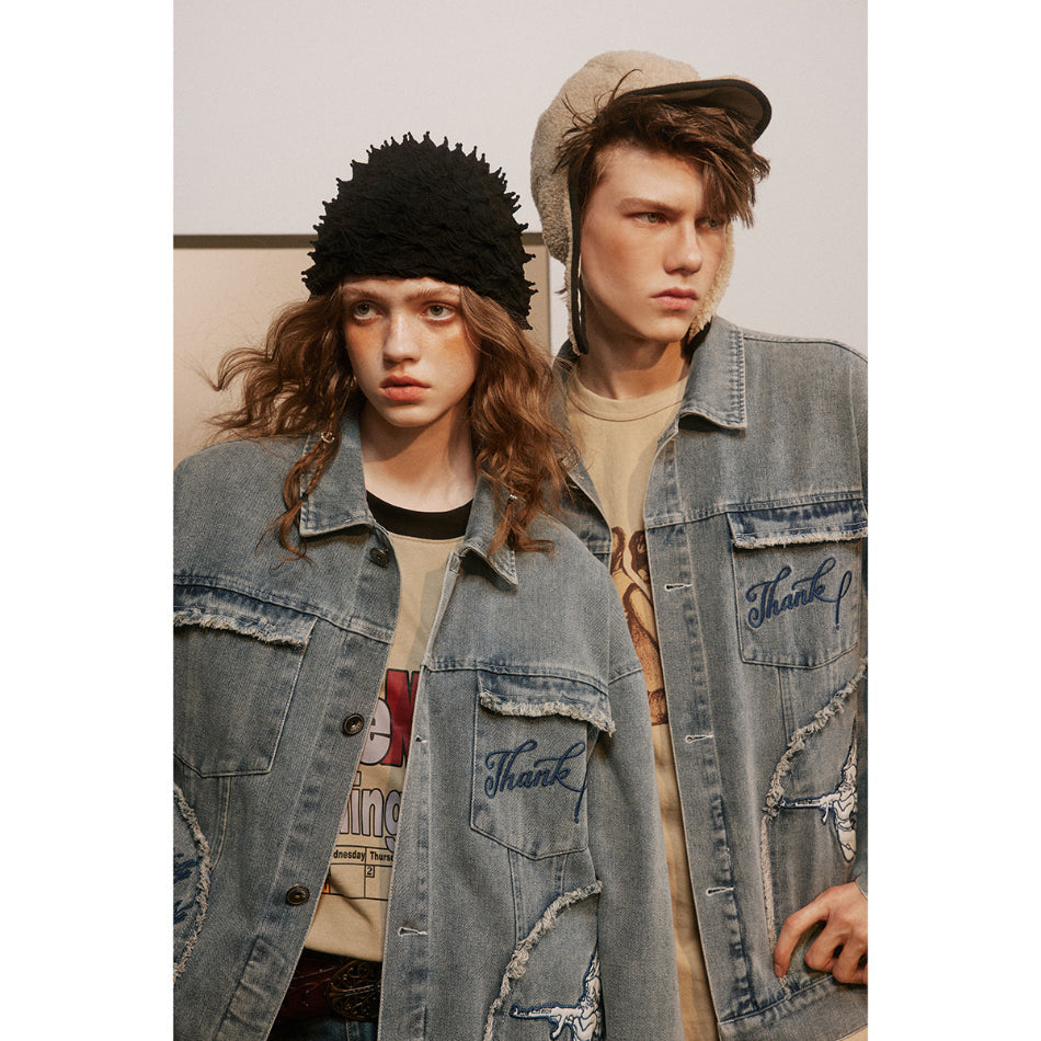 Unisex Jacket Vintage Worn Looking Washed-out Denim Coat Jacket