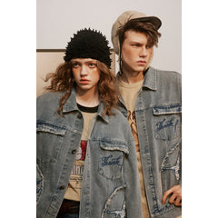Unisex Jacket Vintage Worn Looking Washed-out Denim Coat Jacket