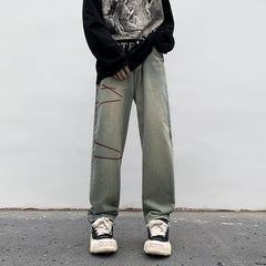 Men Jeans Washed Worn Jeans Men's Autumn and Winter Loose Wide Leg Pants Straight-Leg Pants