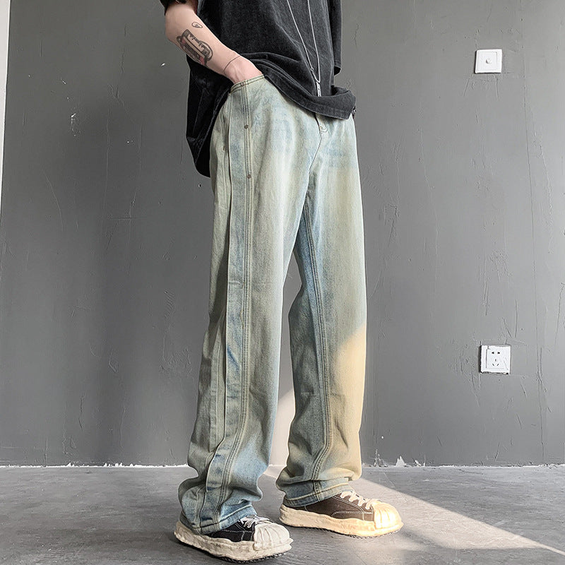 Men Jeans Retro Patchwork Jeans Men's Summer Straight-Leg Trousers