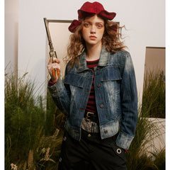 Unisex Jacket Vintage Top Washed Denim Jacket for Women Turn-down Collar Coat Spring and Autumn