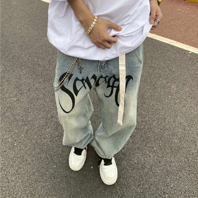 Men Jeans Bell-Bottom Pants Loose Straight Letter Vintage Print Jeans