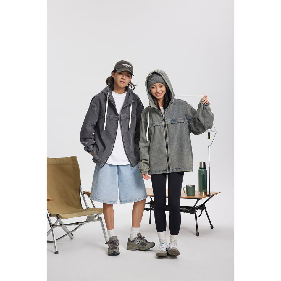 Unisex Jacket Retro Washed Hooded Denim Jacket for Men and Women Spring and Autumn Coat