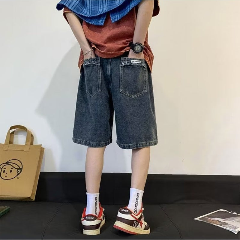 Men Jeans Light Blue Drawstring Ripped Denim Shorts Oversize