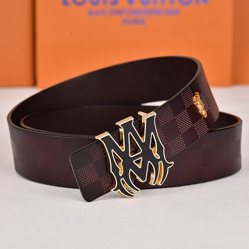 Amiri Belt dark brown Plaid pattern Golden deer logo