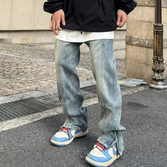Men Jeans Washed Leg Zipper Men's and Women's Jeans Loose Oversize Straight-Leg Trousers
