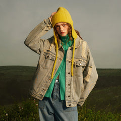 Unisex Jacket Washed Ripped Denim Jacket Loose Lapels Denim Jacket