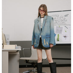 Unisex Jacket Washed Gradient Denim Jacket Men's and Women's Lapel Denim Coat