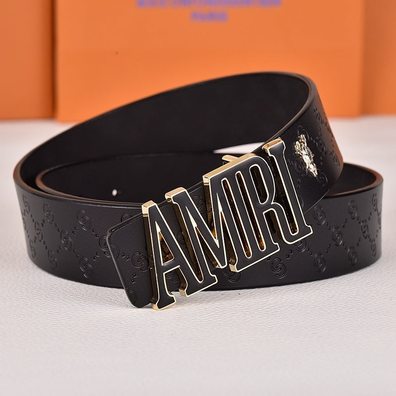 Amiri Belt Black CC pattern Golden deer logo