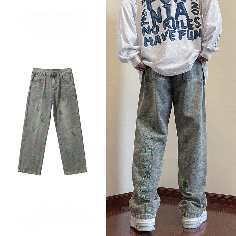 Men Jeans XINGX Embroidered Jeans Men's Loose Hiphop Straight-Leg Pants