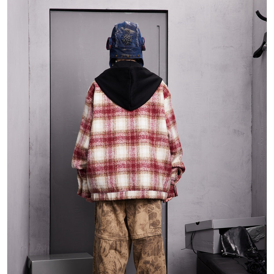Unisex Jacket Retro Patchwork Plaid Coat for Men and Women Couple Cardigan Hooded Hooded Jacket