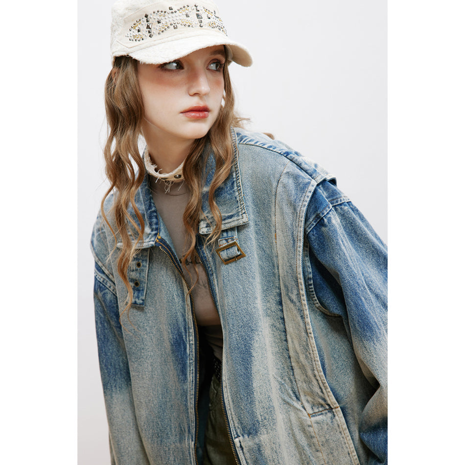 Unisex Jacket Retro Washed Stand Collar Denim Jacket Men's and Women's Denim Coat