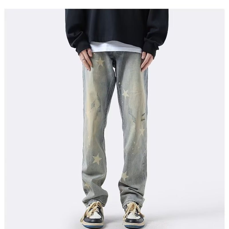 Men Jeans XINGX Printed Jeans Retro Loose Straight-Leg Wide-Leg Pants