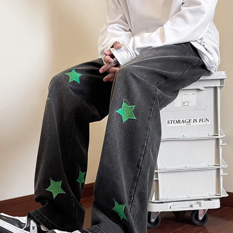 Men Jeans XINGX Embroidered Jeans Men's Loose Hiphop Straight-Leg Pants